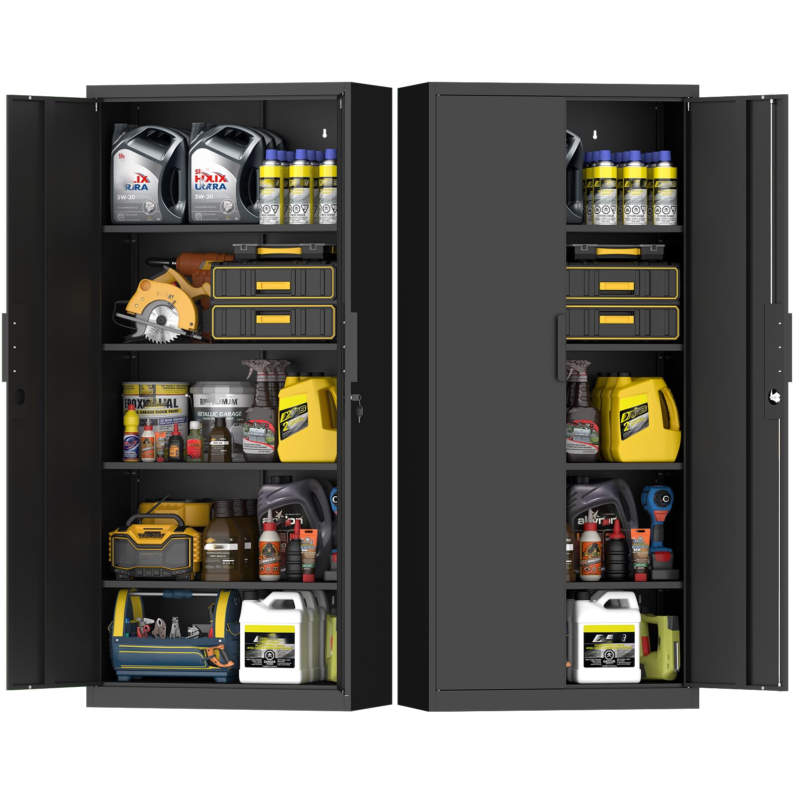 Black Storage Cabinet, Metal Garage Storage Cabinets with Adjustable Shelves, 72.05" H Heavy Duty Tall Cabinet with Locking Doors, Steel Organizer for Basement, School