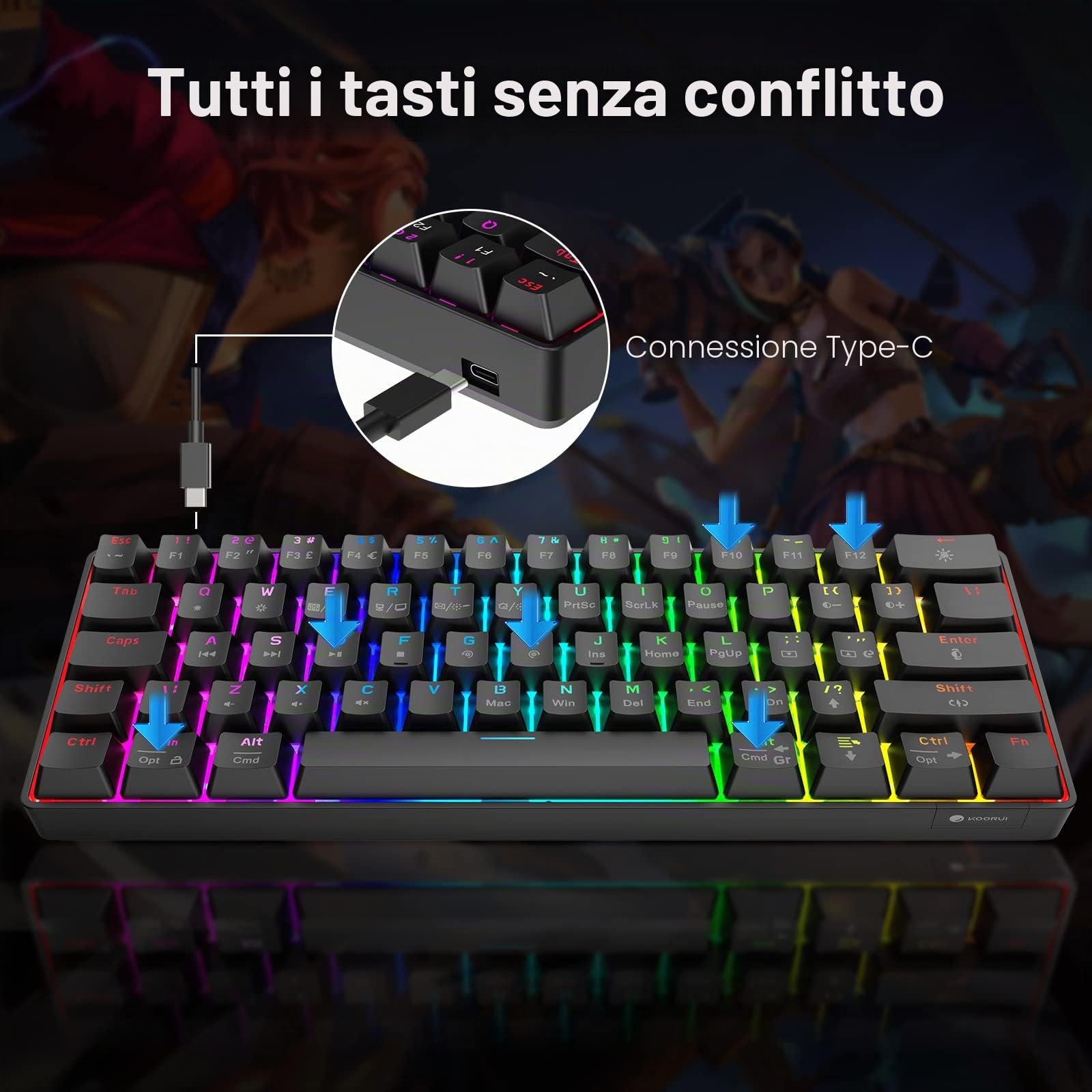 KOORUI Tastiera per videogiochi, 60% meccanica, 26 RGB retroilluminata con cavo, design britannico a 61 tasti con interruttore rosso, per Windows, MacOS e Linux
