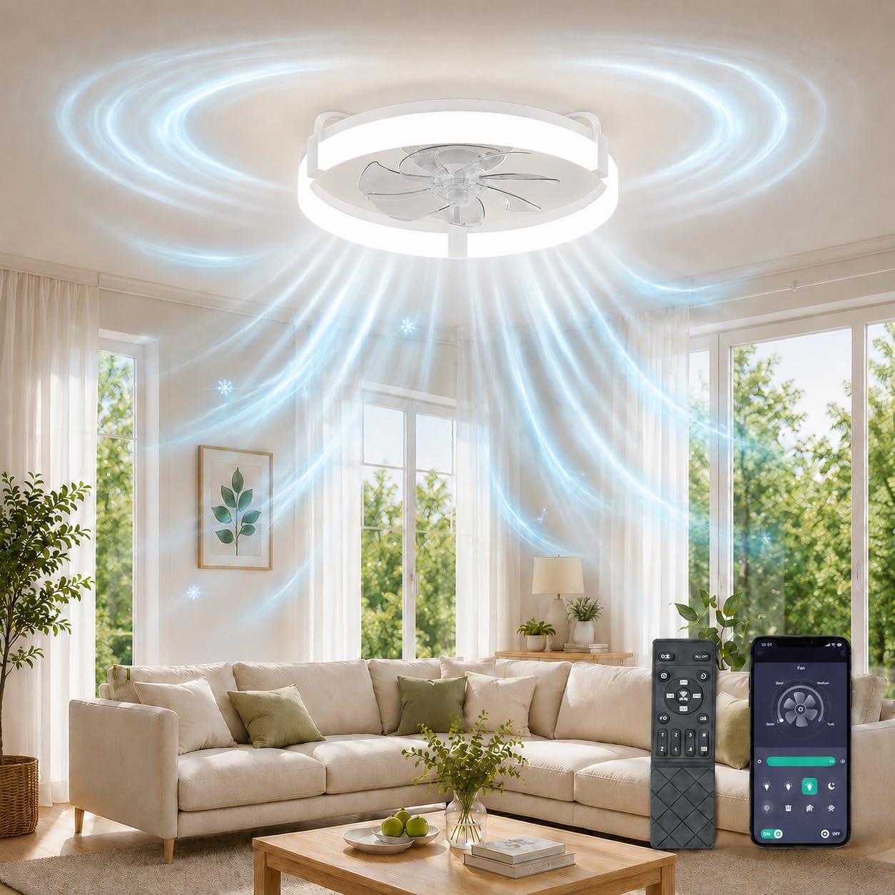 Deckenventilator mit Licht und Fernbedienung, 50 cm LED Deckenventilator, 6 Geschwindigkeiten, Timer, 3000K-6000K dimmbar, leiser Ventilator mit Lampe für Schlafzimmer, Wohnzimmer und Esszimmer, Weiß