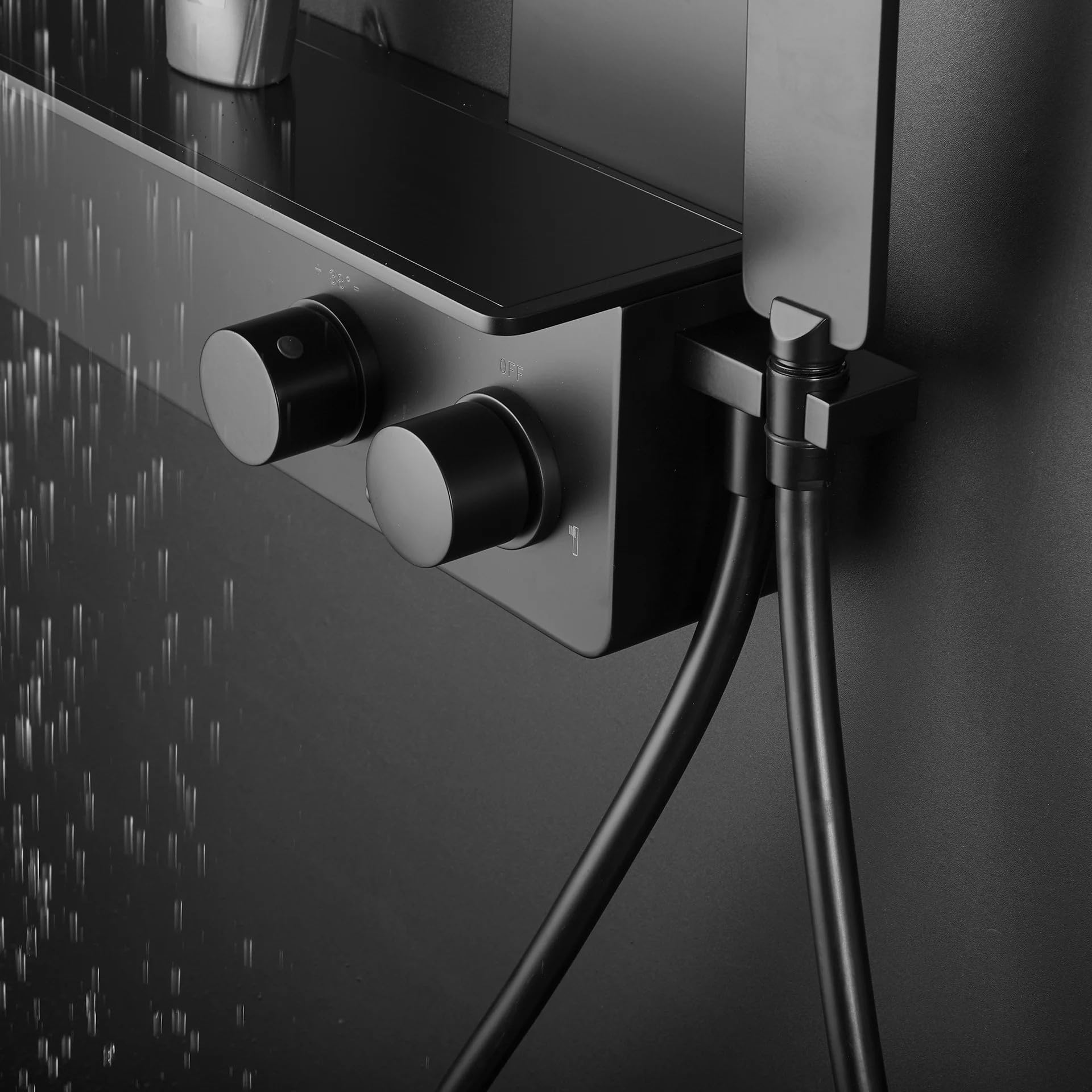 BERNSTEIN - Colonne de Douche Thermostatique Acier Inox Noir mat 120x32cm Tête douche 32x24cm Anticalcaire Fonction Pluie + Mitigeur + Pommeau + Tablette - Design - NT038 PRO