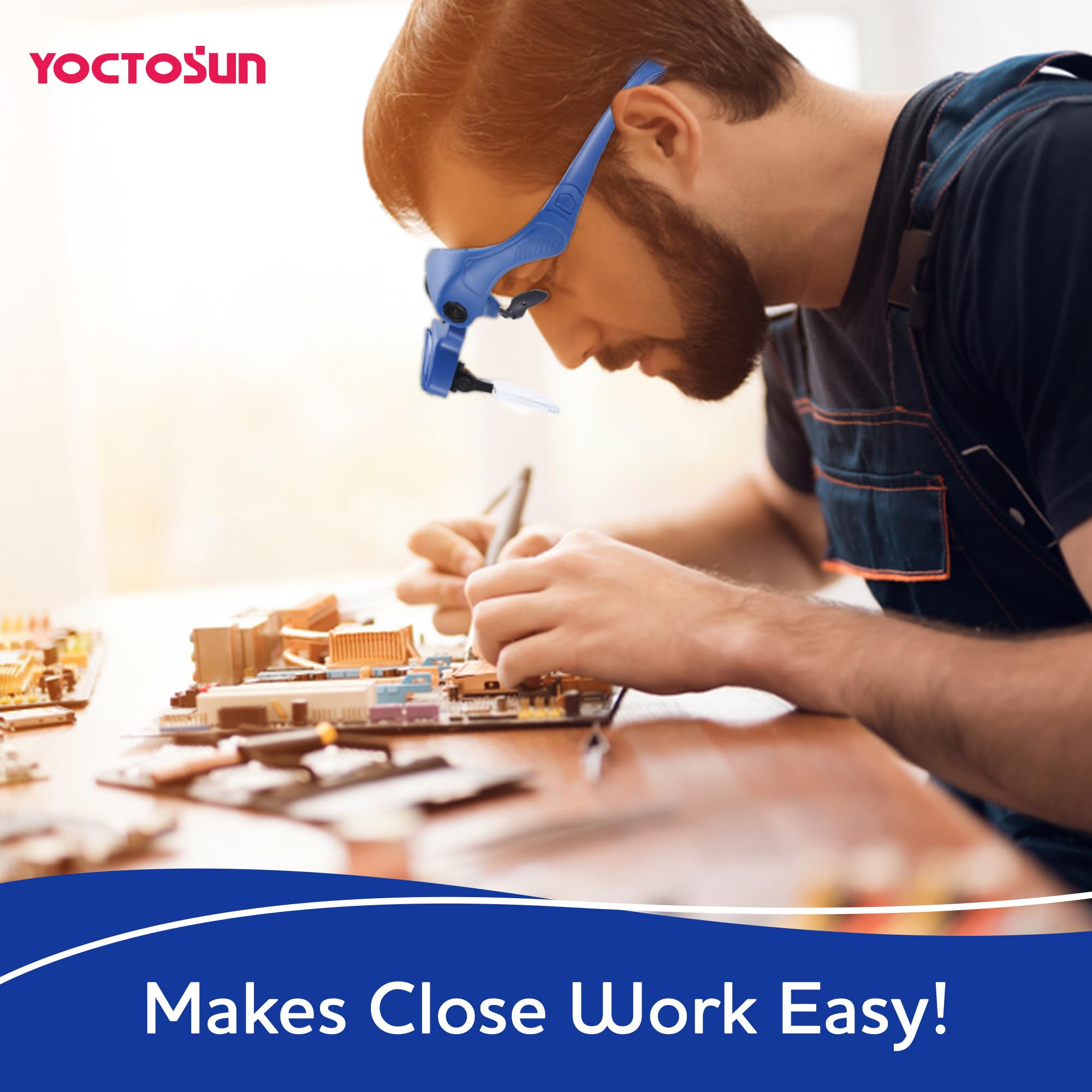 YOCTOSUN Lente d'ingrandimento con 4 luci LED e 5 lenti, custodia per la testa, mani libere, lente d'ingrandimento per lavori artigianali, punto croce, pittura, lavoro ravvicinato, hobby