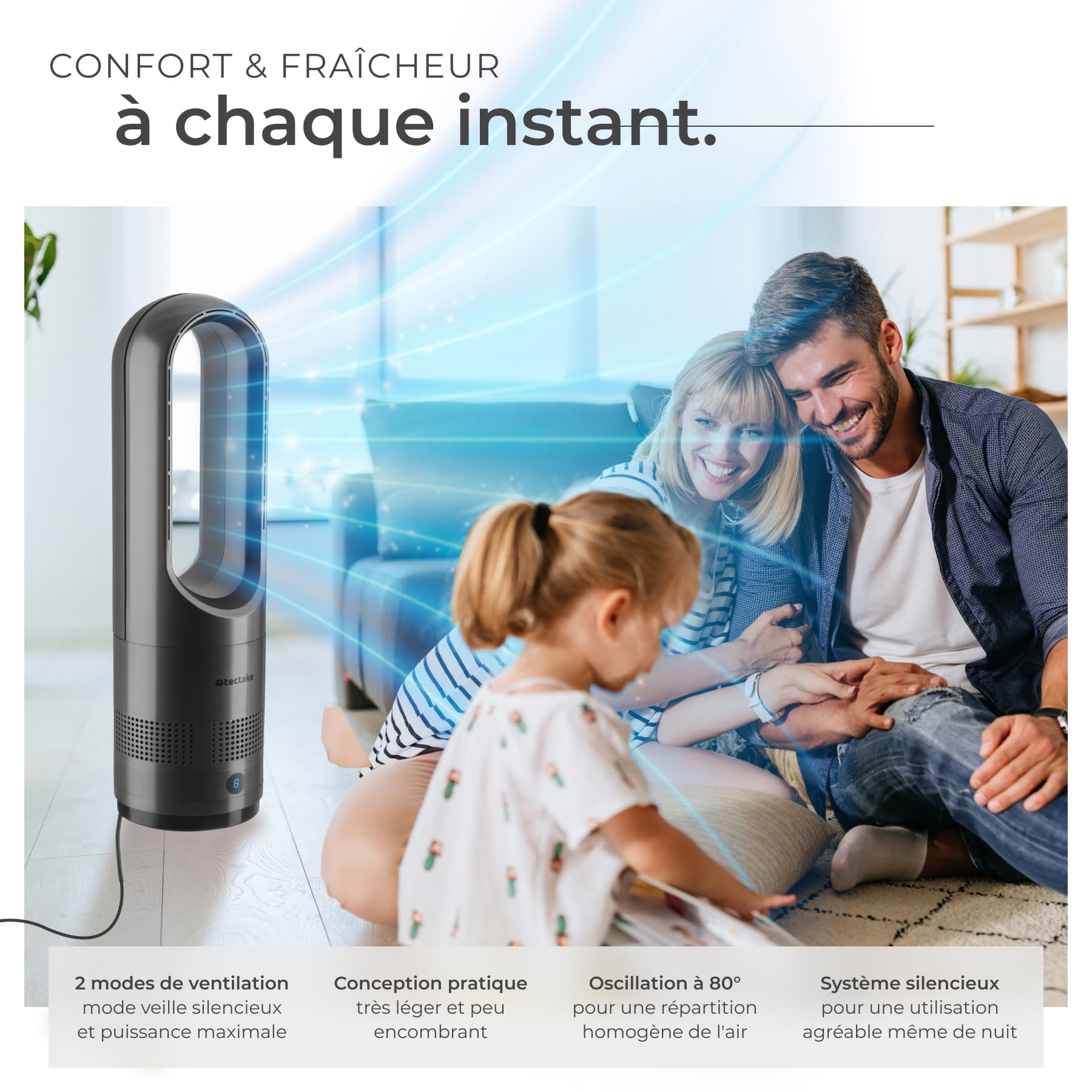 tectake® Ventilateur Colonne Ventilateur Silencieux & Oscillant 80°, 8 Vitesses Minuterie avec Télécommande Ecran LED Ventilateur portable pour Bureau Chambre Salon Maison - Gris anthracite