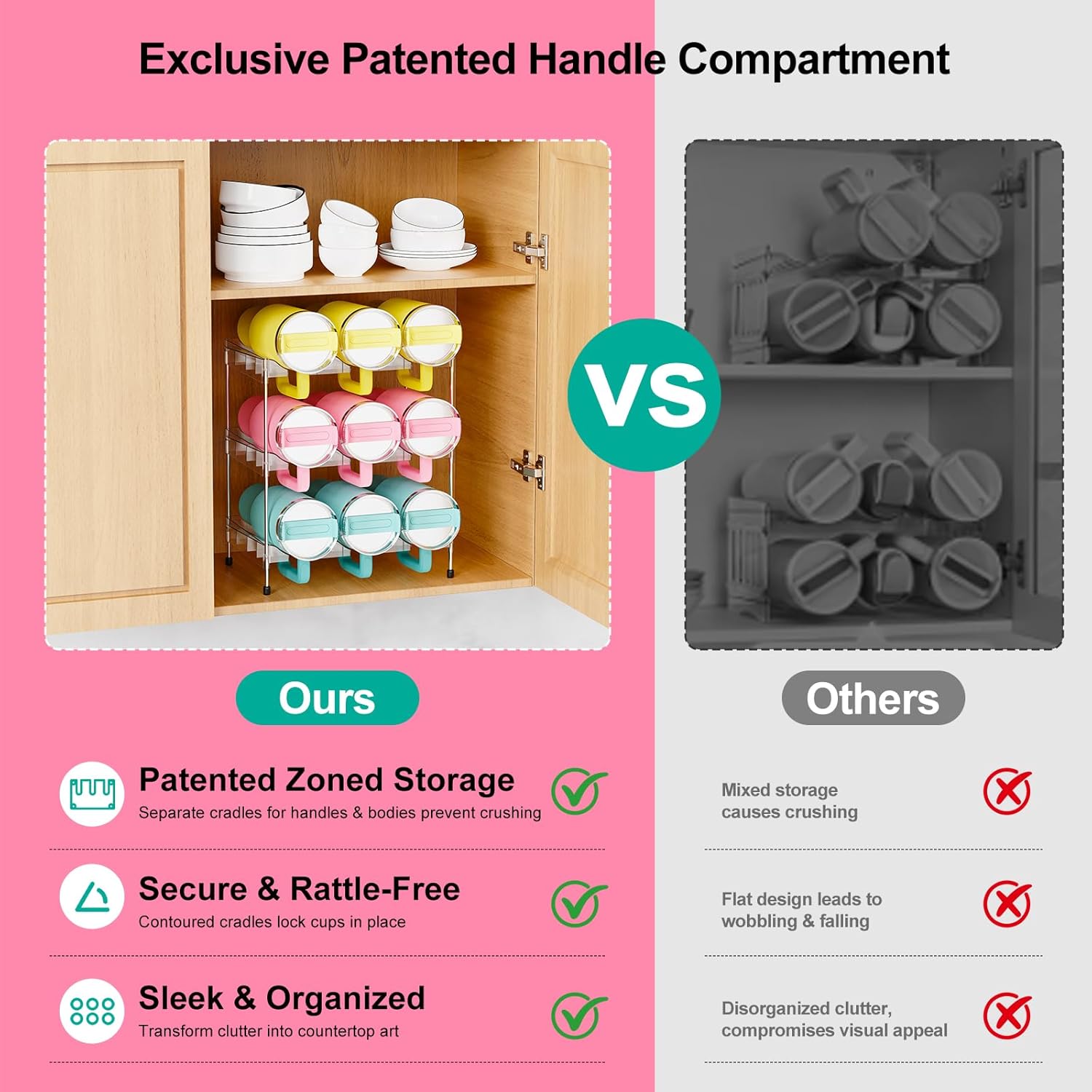 Reusable Stackable with Handle Compartment Water Bottle Tumbler Organizer for Stanley 40oz with Handle Cup, Stanley Accessories for Pantry, Cabinet & Kitchen Organization and Storage,3 Tier Hold 9