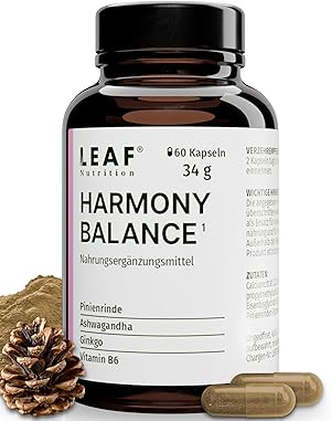 LEAF HARMONY BALANCE Kapseln Frauen – Zyklus, PMS & Meno Komplex Wechseljahre mit Ashwagandha, Pinienrinde, Ginkgo & Vitamin B6 zur Regulierung der Hormontätigkeit - 60 vegane Kapseln, made in Germany