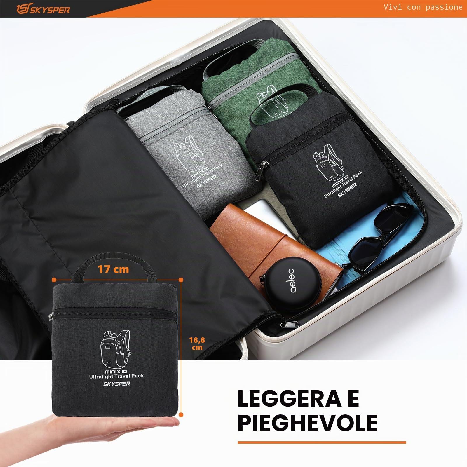 SKYSPER Zaino Pieghevole Ultraleggero 10L, Zainetto Richiudibile piccolo Zaino Hiking Salvaspazio per Trekking Viaggio Brevi Escursioni Ciclismo