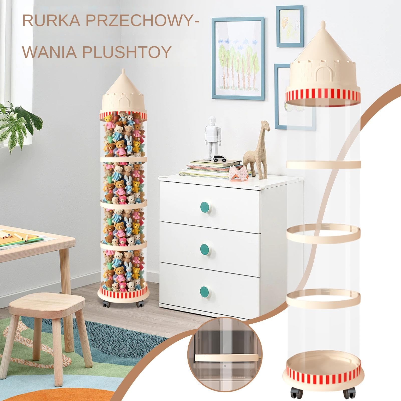 Tuba do przechowywania pluszaków Zamek Przeciwpyłowy Estetyczny Dekoracyjny | Przezroczysty Organizer Na Lalki dla dzieci do sypialni pokoju zabaw żłobka salonu akademika