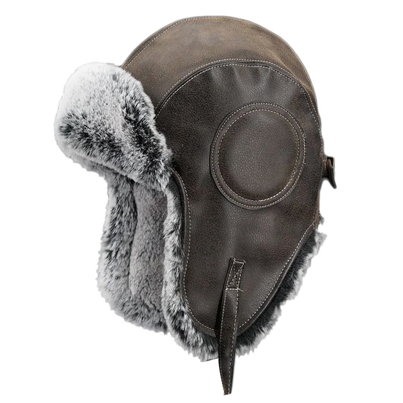 Czapka Unisex,Skórzana,Zimowa,Z Klapkami Na Uszy,Wiatroodporna,Ciepła,(Brązowy-6 7/8)