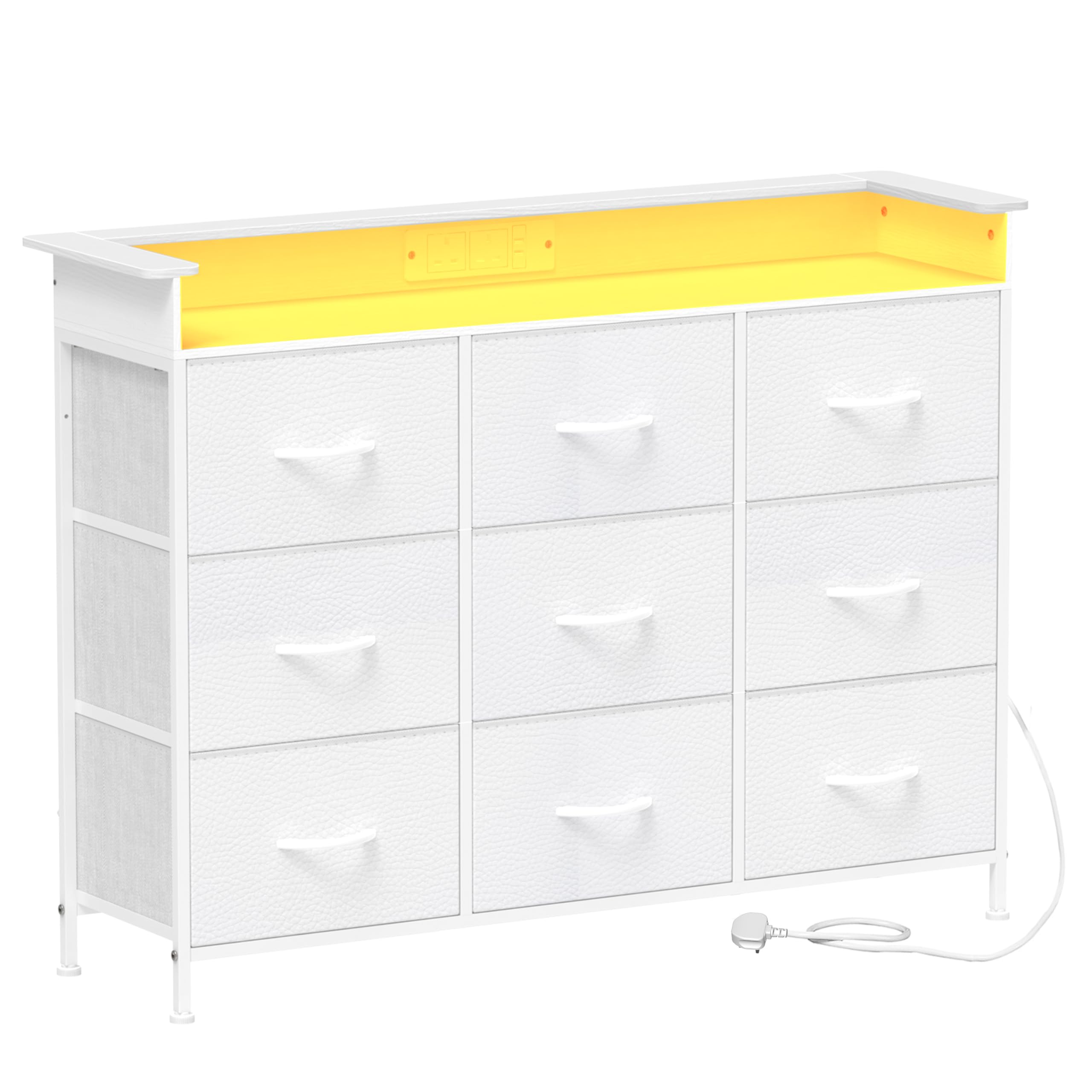 VEDECASA White Chest of Drawers with LED Light 9 Drawer Dressers for Bedroom Cloth Dresser with Charging Station for Living Room Entryway Closet Sturdy Steel Frame Wooden Top Easy Pull Handle