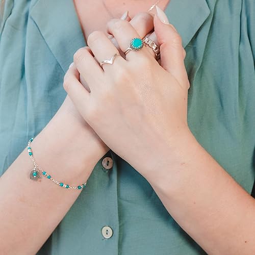 Miniatura 2 de 925 Sterling Silver Turquoise Bracelet - 3mm Turquoise Round Beads with Hamsa Silver Charms - 16-18cm Length - Turquoise Jewelry for Women - Perfect