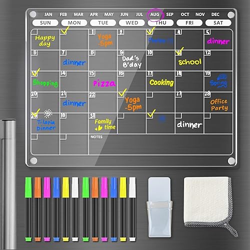 PigPotParty Calendario magnético acrílico para refrigerador, calendario transparente de 16 x 12 pulgadas para refrigerador, pizarra magnética