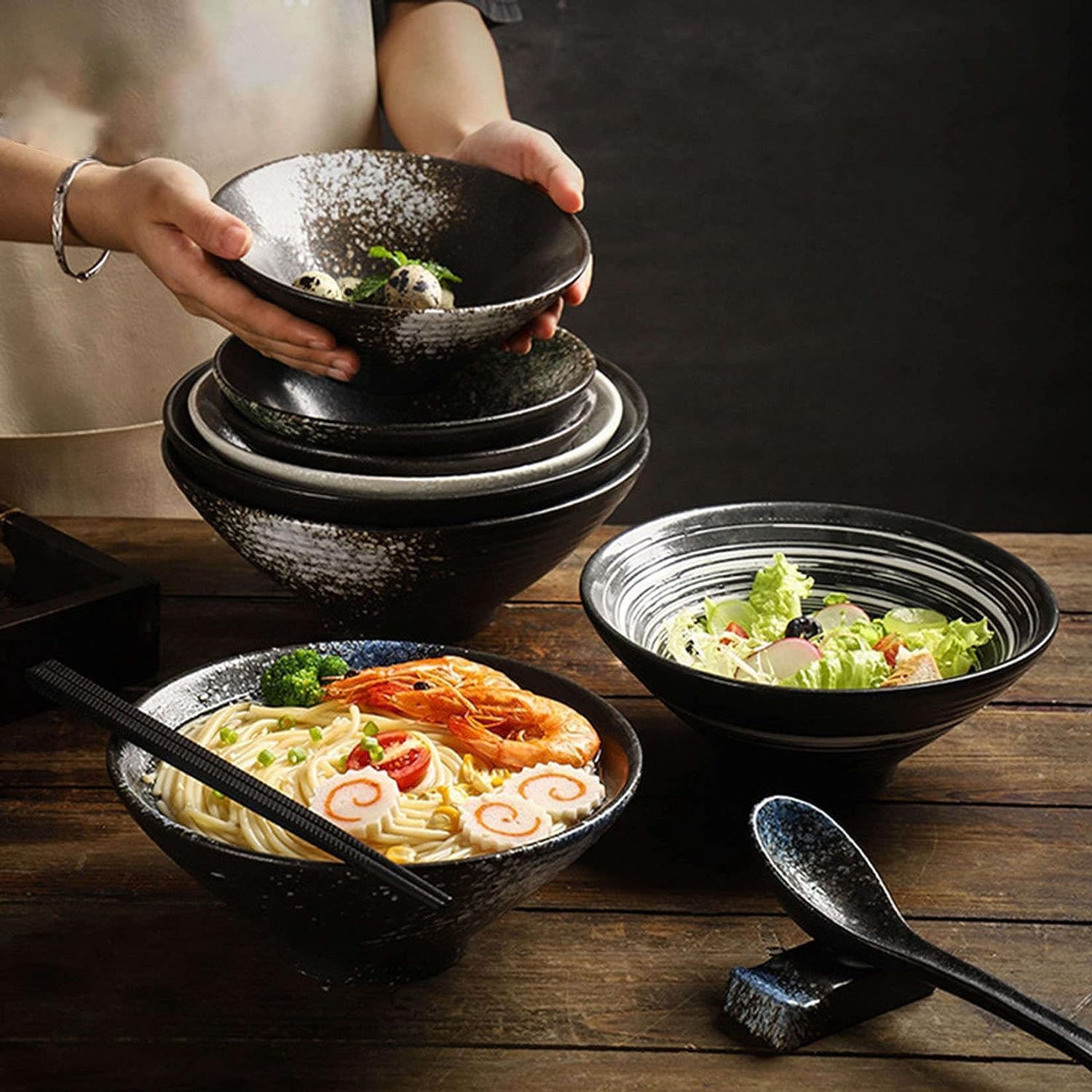 Miska Ramen, miska na sałatkę, miska na owoce, miska na ramen, duże miski do serwowania, duży zestaw 1 ceramiczna miska do Ramen, zestaw misek kuchennych, miski na płatki śniadaniowe, salaterki, 9
