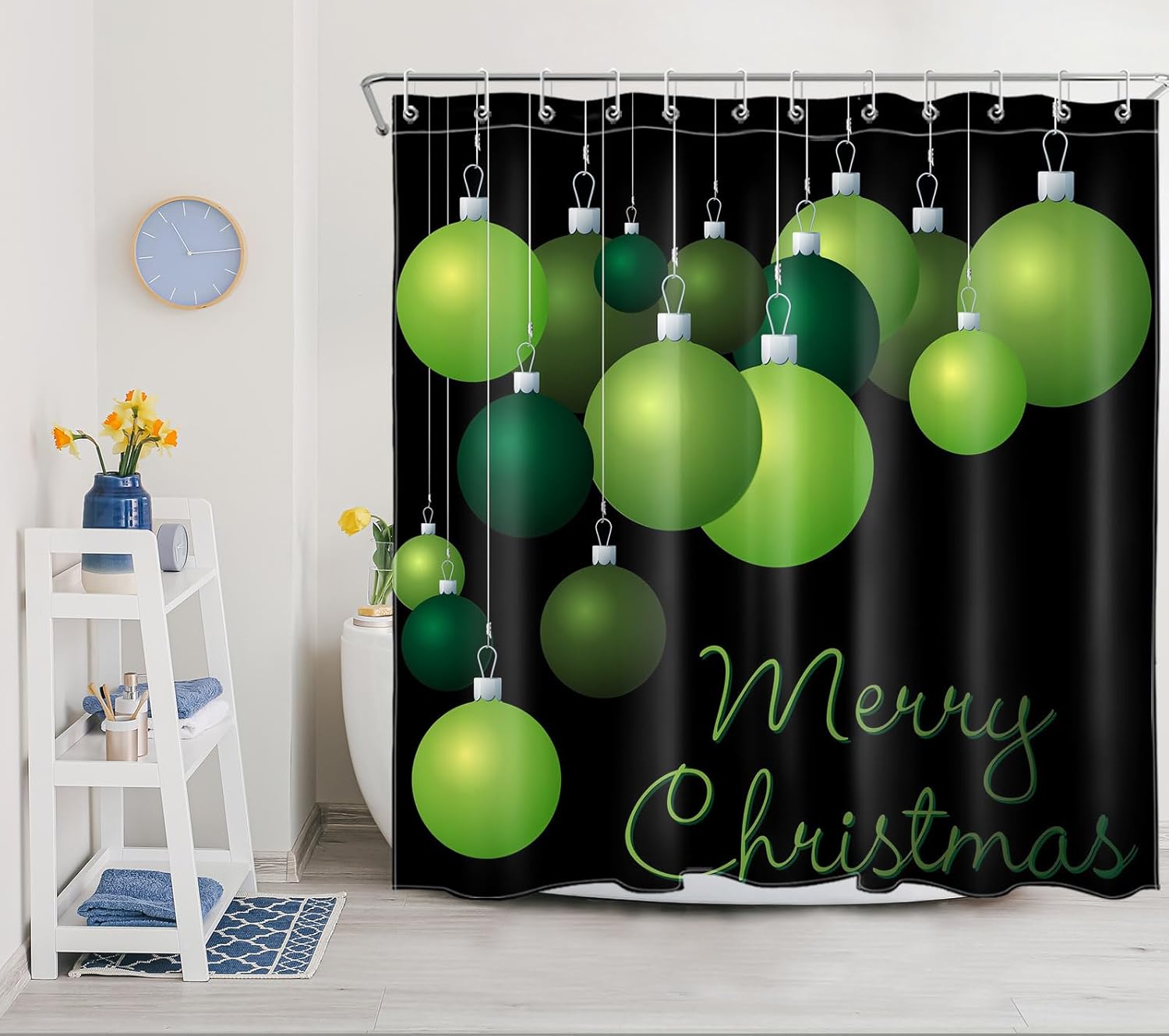 LB Green Christmas Shower Curtain Sets with Rugs Happy New Year Christmas Ball on Black Fabric Shower Curtain with Hooks Holiday Bathroom Curtains Shower Set, 72x72 inches