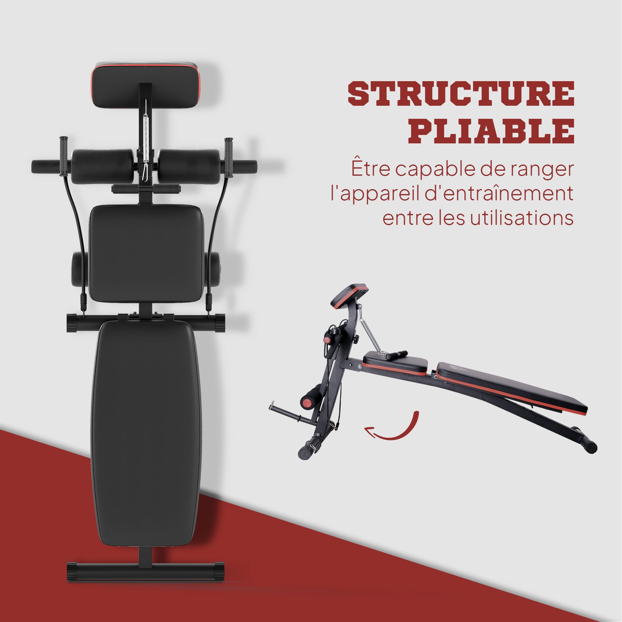 HOMCOM Banc de musculation pliable inclinable, banc réglable pour le développé couché, le curl biceps, la musculation du dos et des abdominaux, avec extenseur des jambes, acier