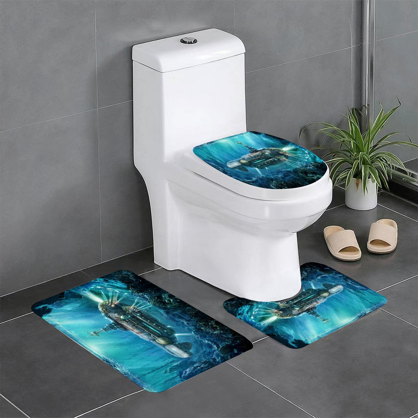 KGDHY 3 Pieces Bath Mat and Toilet Mat Set,Fantastic submarine in sea. Concept art.,Pattern Quick Dry Bathroom Mats,Non-slip Bathtub Rug for Bathroom Sink Toilet