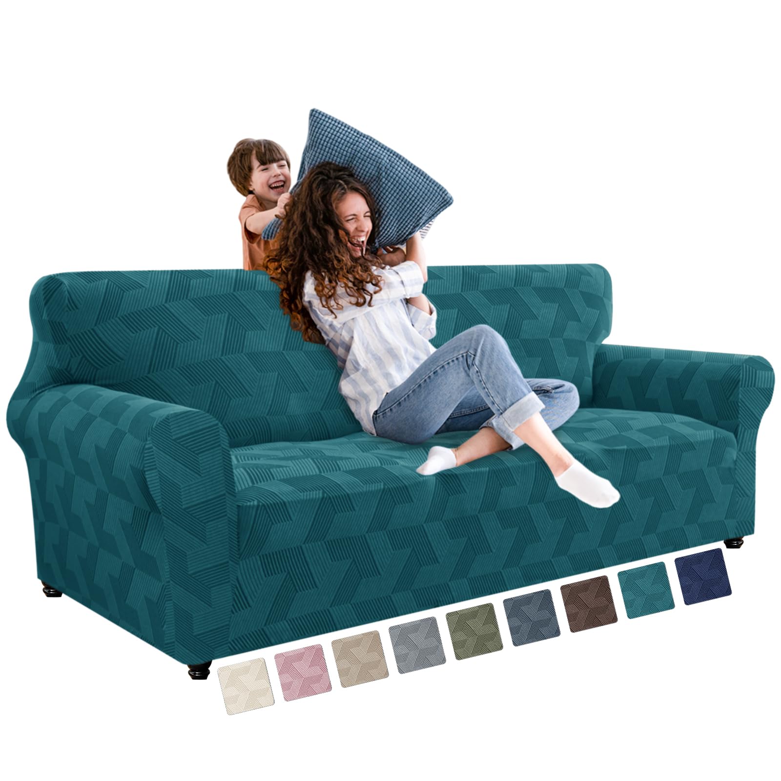 XINEAGE Stretch Sofa Covers 3 Seater, 1 Piece Sofa Slipcovers with Non Slip Design, Soft Couch Covers, Washable Furniture Protector for Dog/Pets Feature Geometrical Jacquard Fabric(Sofa,Peacock Blue)