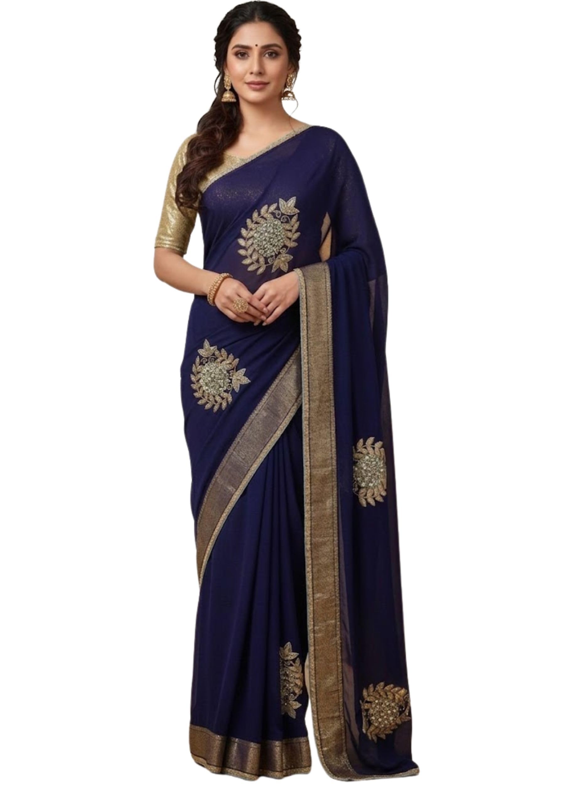Women’s Chiffon Saree with Gota Patti Hand Work Elegant Lightweight Saree with Golden Border & Blouse Piece-image-42