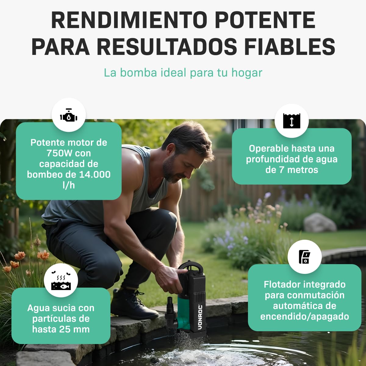 VONROC Bomba sumergible - Bomba para agua sucia - Bomba de agua - 750W - 14000 l/h - Para agua sucia y limpia- Con flotador integrado