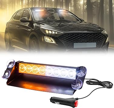 Emergency Strobe Light Yellow White,12V LED Windshield Warning Dash Light 8LED 4 Flash Modes Dash Emergency Beacon Warning Lights with Suction Cups for Car Truck Vehicles [Energy Class A]