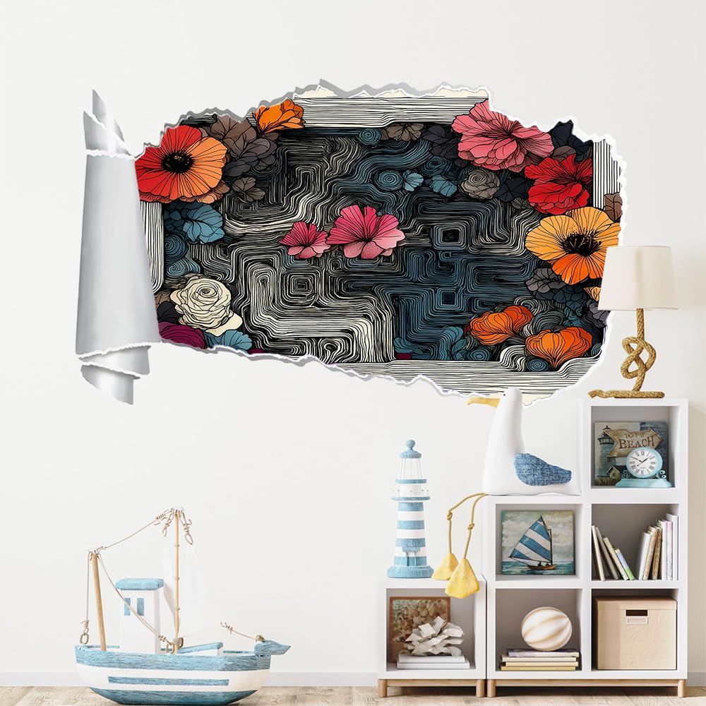 Sticker Mural 3D Décor De Chambre Décalcomanie De Chambre À Coucher Fleurs Printanières Tatouage Mural Lignes Abstraites Autocollant De Décor Pour La Décoration Peintures Murales
