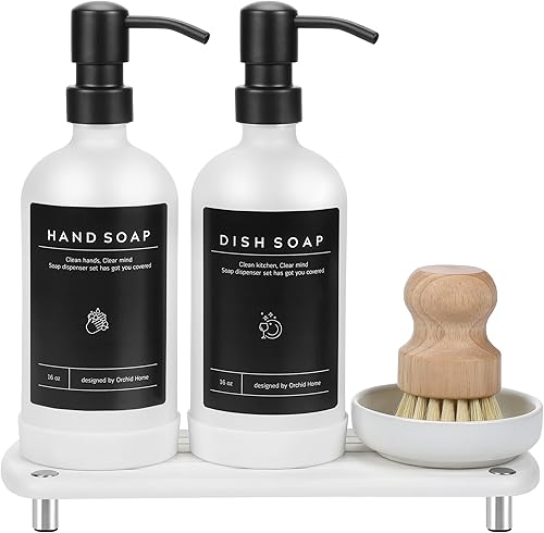 Miniatura 1 de Lujo Juego de dispensador de jabón de cocina, botella de vidrio blanco de 16 onzas, bomba de acero inoxidable, bandeja de secado instantáneo,