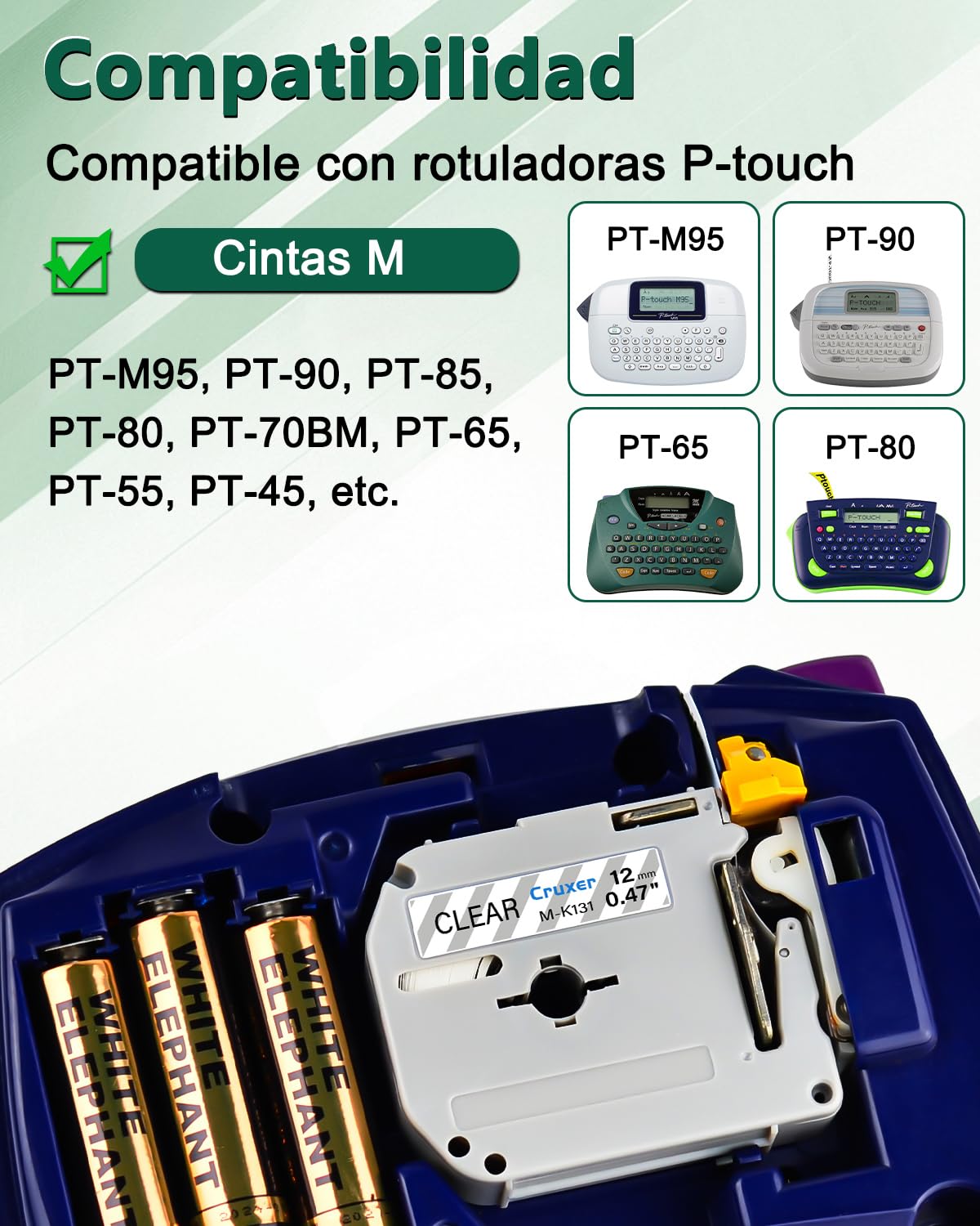 Paquete 20 Cinta Compatible P-Touch M-K131 Negro sobre Transparente 12 mm