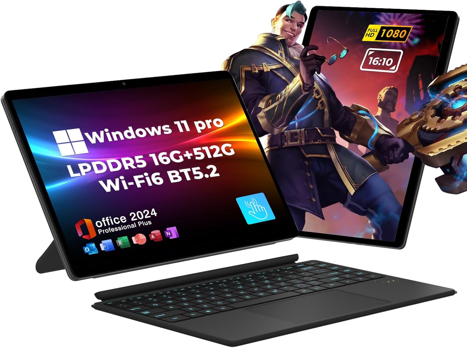 EYY 2 in 1 Laptop Tablet, 14 Inch Touchscreen Laptop, Intel N100,16GB LPDDR5, 512GB SSD, Windows 11 Pro, 1920×1200, Wi-Fi 6, BT5.2, Backlit Keyboard, Long Battery Life, MS Office 2024(2025 New)