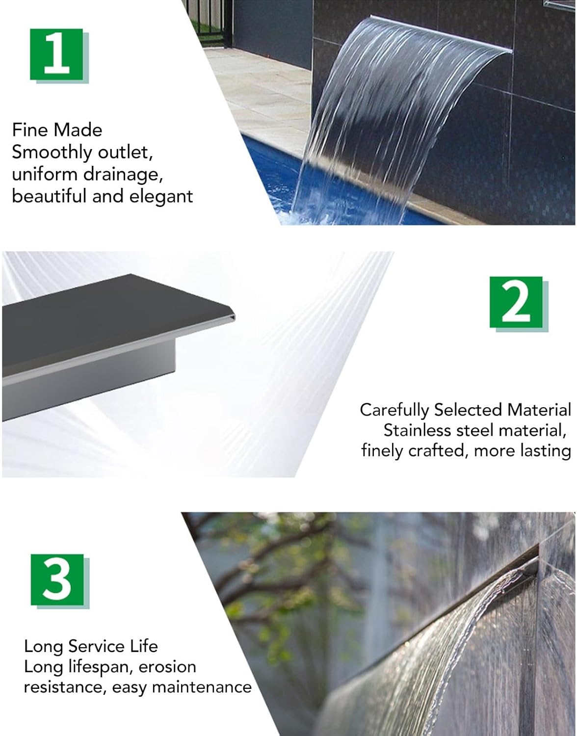 304 Stainless Steel Waterfall Spout, Wide Top Opening Design Pool Fountain with Easy Installation, Outdoor Garden Decorations (300MM)