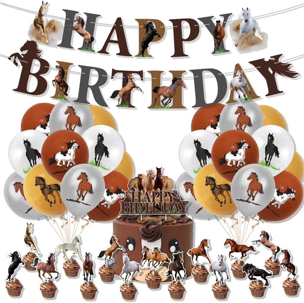 Boerni Horse Party Decoration For Girls Boys, Riding Birthday Supplies - Happy Banner, Balloons, Cake Cupcake Toppers Kid Western Cowboy Pony