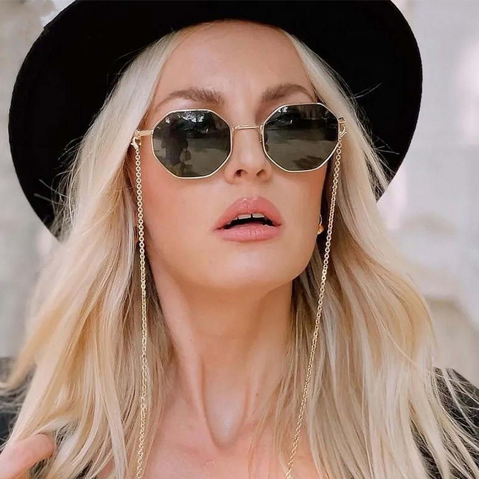 NOGRAX Okulary przeciwsłoneczne wielokąt z łańcuszkiem okulary przeciwsłoneczne damskie trendy ośmiokątne okulary przeciwsłoneczne dla kobiet kwadratowe odcienie okularów