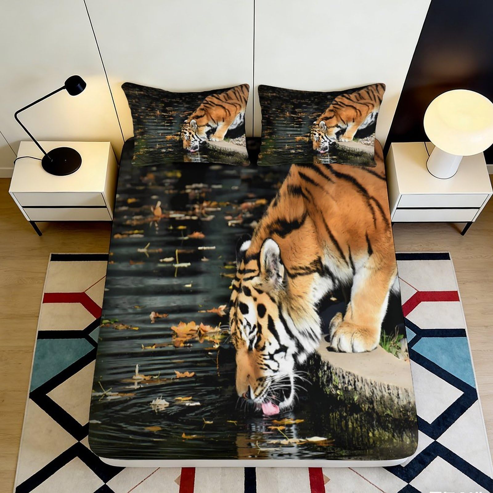 3D Printed Tiger Pattern Fitted Sheet Microfiber Deep Pocket Non-Slip Bedroom Bedding Tiger Mattress Fitted Cover for Adults Teens 200x200x25cm 90x200x25cm