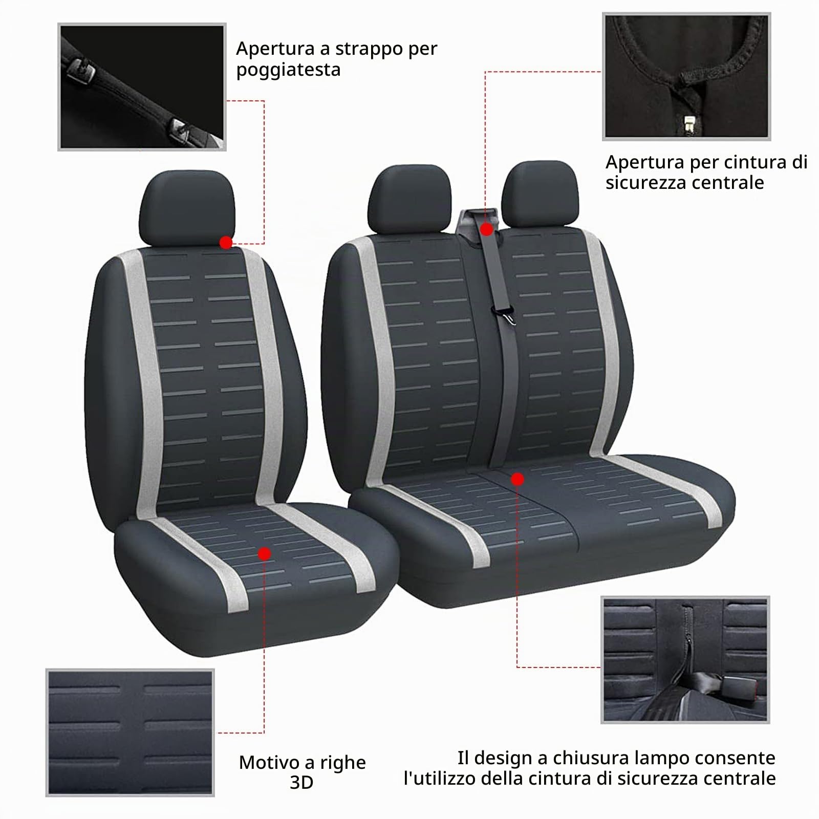 TOYOUN Coprisedili Furgone 3 Posti Universale Coprisedile Auto Singolo Doppio Anteriore Grigio