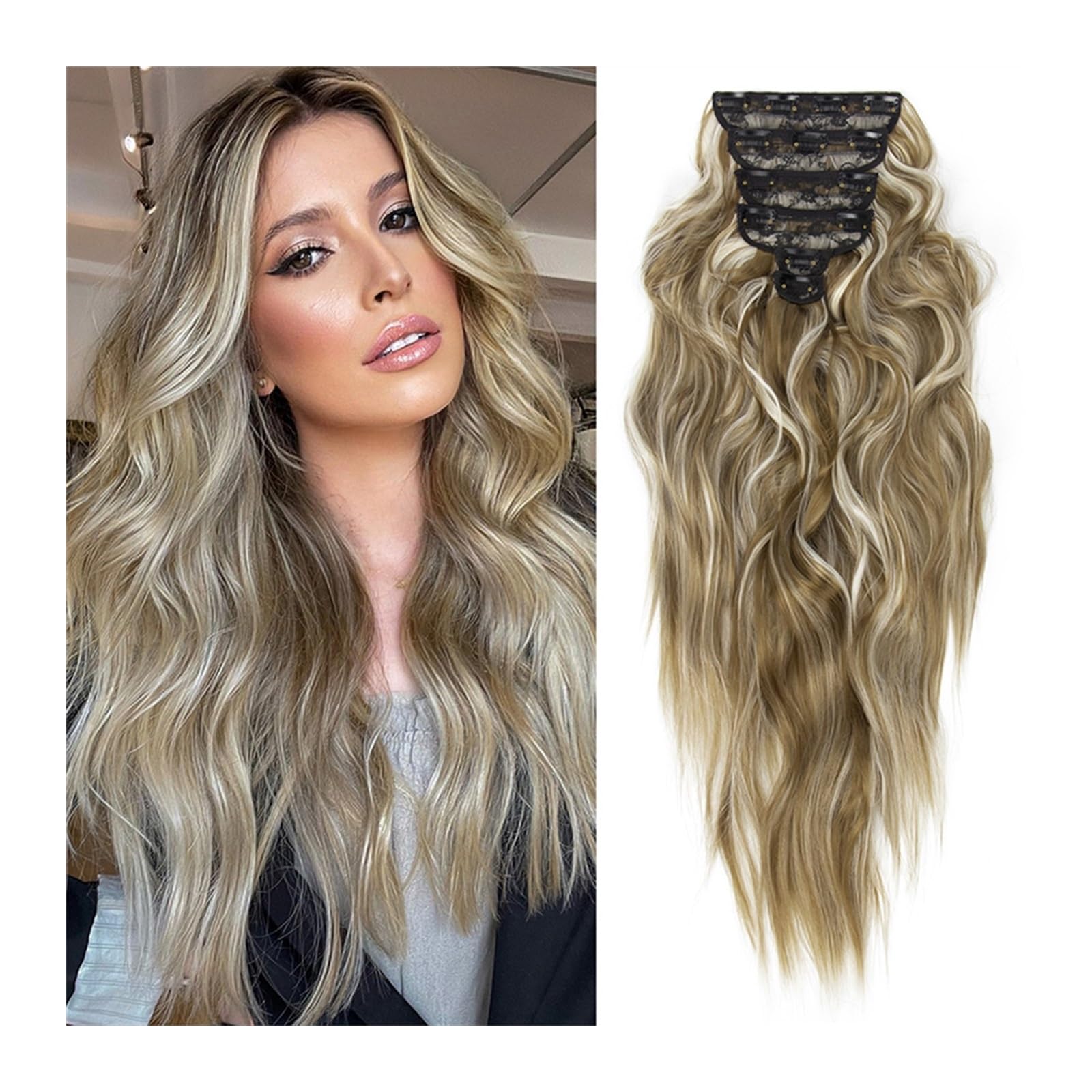 Clip nelle estensioni dei capelli Estensioni dei capelli 6 pezzi/set di fermagli for capelli sintetici in posticci spessi ondulati lunghi Estensioni dei capelli sintetici da 22 pollici Posticci ombre