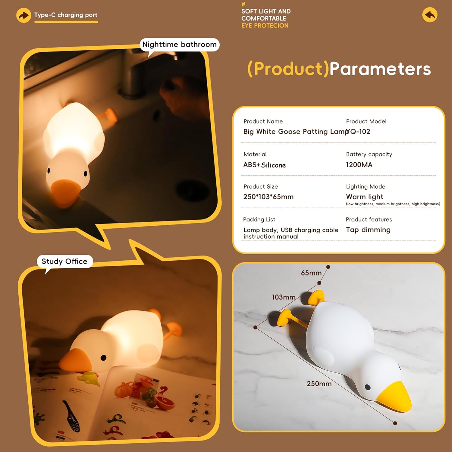 Cozy Lying Goose Night Light, Dimmable 3 Colors Night Light for Baby Nursery, Squishy Cute Light for Kids, Rechargeable Companionship Lamp for Baby, Goose Baby Items Gifts, Decor
