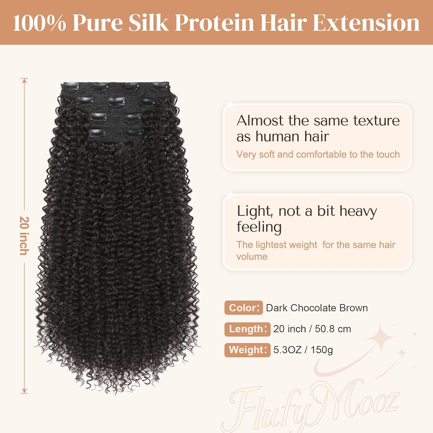 FLUFYMOOZ Clip in Hair Extensions, 20" 4PC 100% Pure Protein Silk Hair Extensions for Black White Women Long Soft Curly Hair Extension Hairpiece(Dark Chocolate Brown) - Image 3