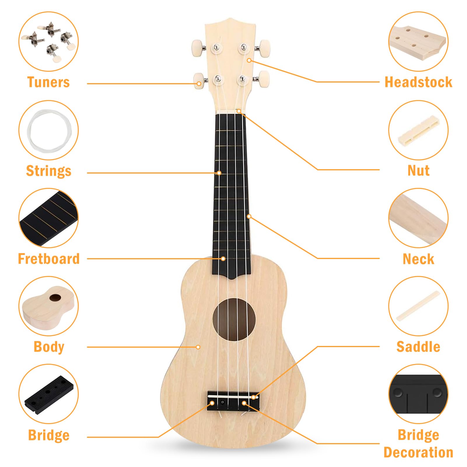 Kit de ukelele de bricolaje con herramientas (21 pulgadas), construye tu propio aspecto de ukelele, regalo de guitarra hawaiana pequeña de madera para niños, adultos y principiantes 2
