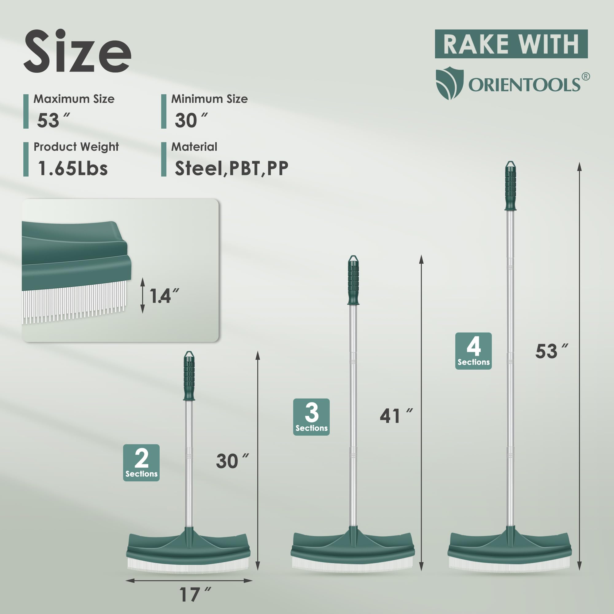 ORIENTOOLS Spazzola per erba artificiale, rastrello curvo per prato artificiale, con manico regolabile in acciaio da 80 a 134 cm, rastrello finto con spazzola in PA per prati e raccogliere foglie