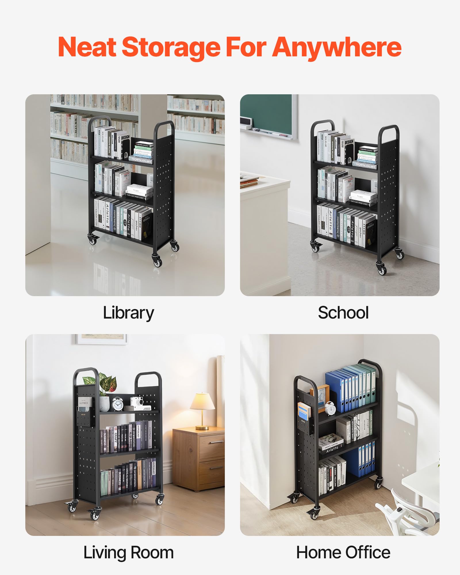 VEVOR Carro para Libros de 3 Niveles Estantería de Libros con Ruedas 77 x 38 x 122 cm Estante de Almacenamiento en Forma de L Carro Rodante para Biblioteca, Librería, Oficina, Escuela, Negro