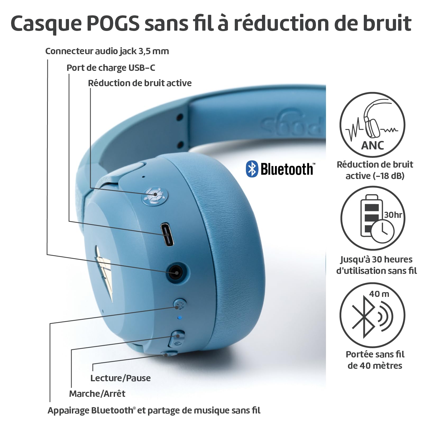POGS La Tortue | Casque Audio Circum-auriculair sans Fil à réduction de Bruit | Casque Ajustable et Robuste | Limite de Volume à 85 DB, Microphone | Fonction de Partage de Musique sans Fil (rBleu)