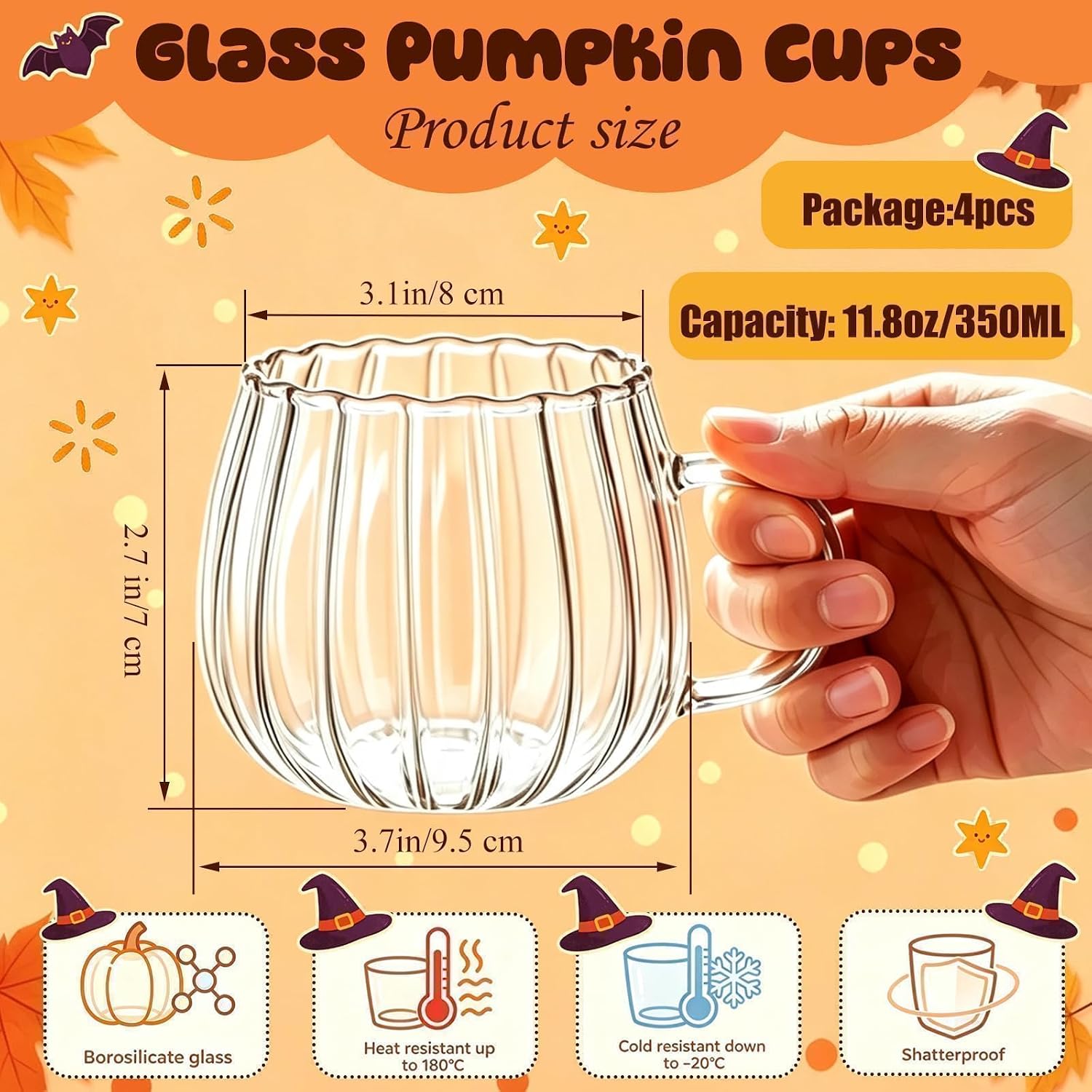 4PCS Halloween Pumpkin Glass Cups Fall Coffee Mugs with Handle for Gift