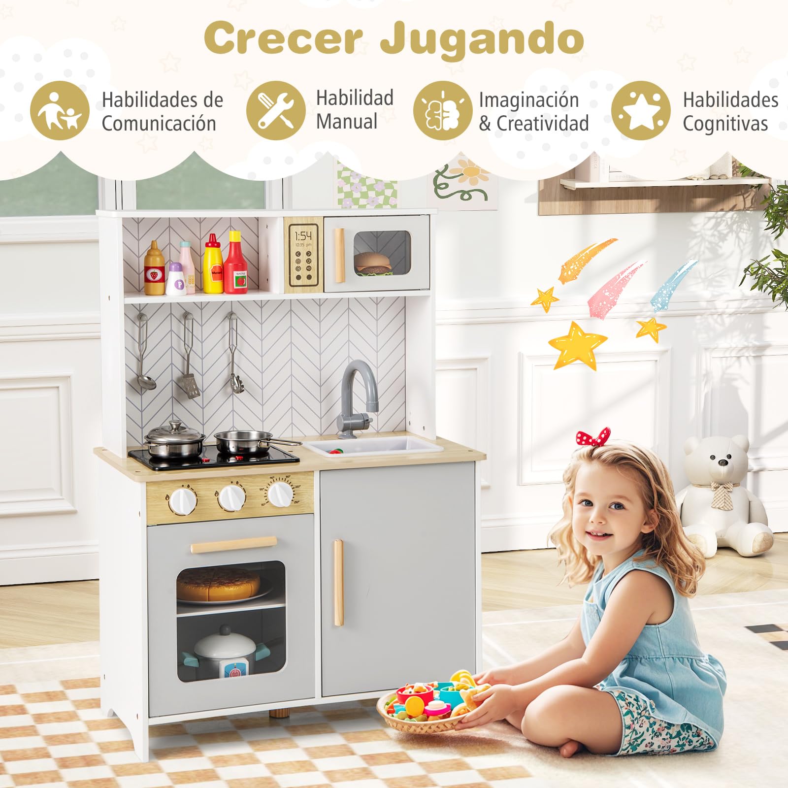 GOPLUS Juego de Cocina para Niños, Set de Cocina de Imitación con Luces y Sonidos, Estufa, Horno, Fregadero, Grifo, Microondas, Utensilios de Cocina, Juguete de Cocina de Madera (Blanco)