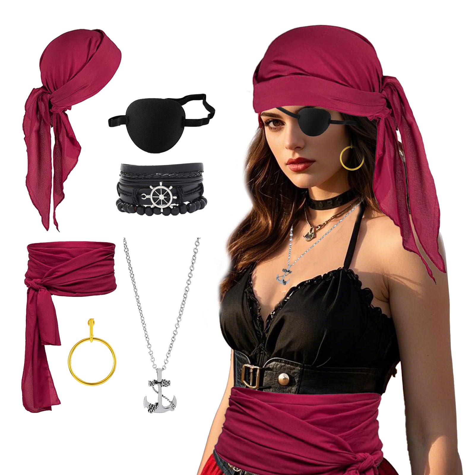 Lufdegim Medieval Pirate Costume Accessory Set Women Men Pirate Accessories Women's Headband Waist Belt Eye Patch Costume Pirate for Halloween Carnival Cosplay Party Accessories