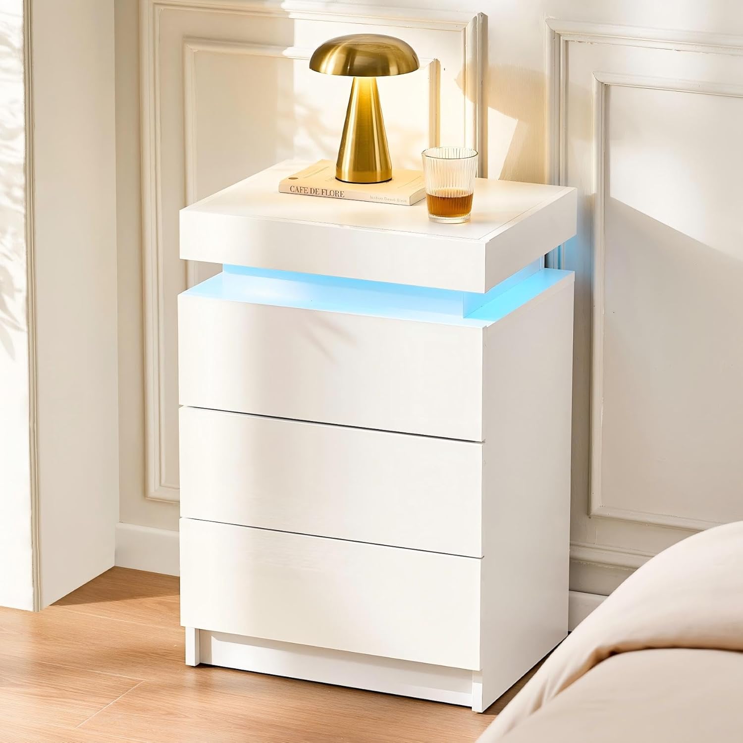 CLIPOP Modern Nightstand, LED Night Stand with 3 High Gloss Chest of Drawers, Bedside Table Cabinet with Remote Control Lights, Wood Matte Nightstand 21.6" Tall Bedroom Furniture, White