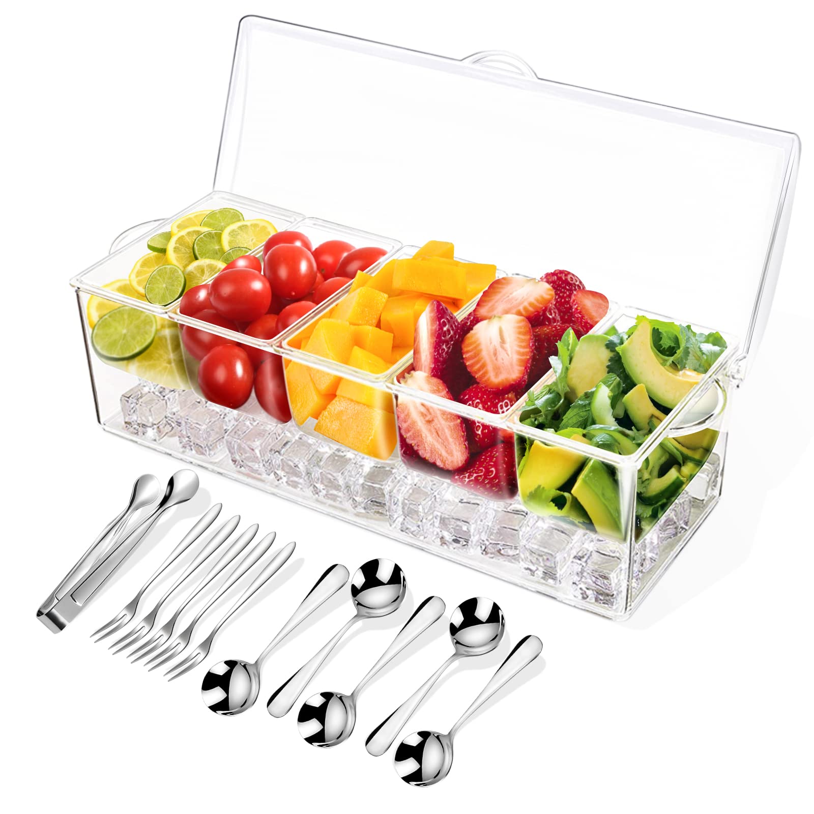 Bandeja de condimentos con vajilla de acero inoxidable, servidor de condimentos refrigerados | Accesorios de barra con 5 cucharas, 5 tenedores y 1 clip con bandejas extraíbles y tapa