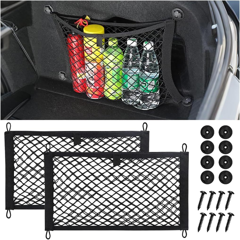 2PCS Car Small Cargo Net Pocket, Stretchable Elastic Vehicle Storage Mesh Net with Mounting Screws & Hooks, Auto Cargo Netting Storage Pouch, Universal for SUV RV Pickup (9.84'' x 23.62'')