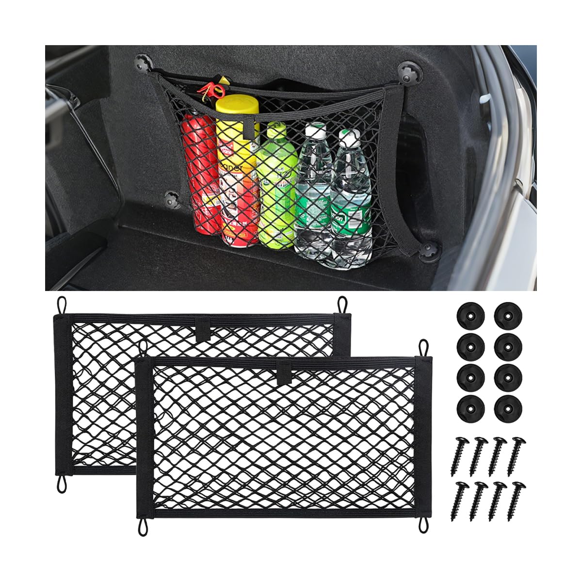 2PCS Car Small Cargo Net Pocket, Stretchable Elastic Vehicle Storage Mesh Net with Mounting Screws & Hooks, Auto Cargo Netting Storage Pouch, Universal for SUV RV Pickup (9.84'' x 23.62'')