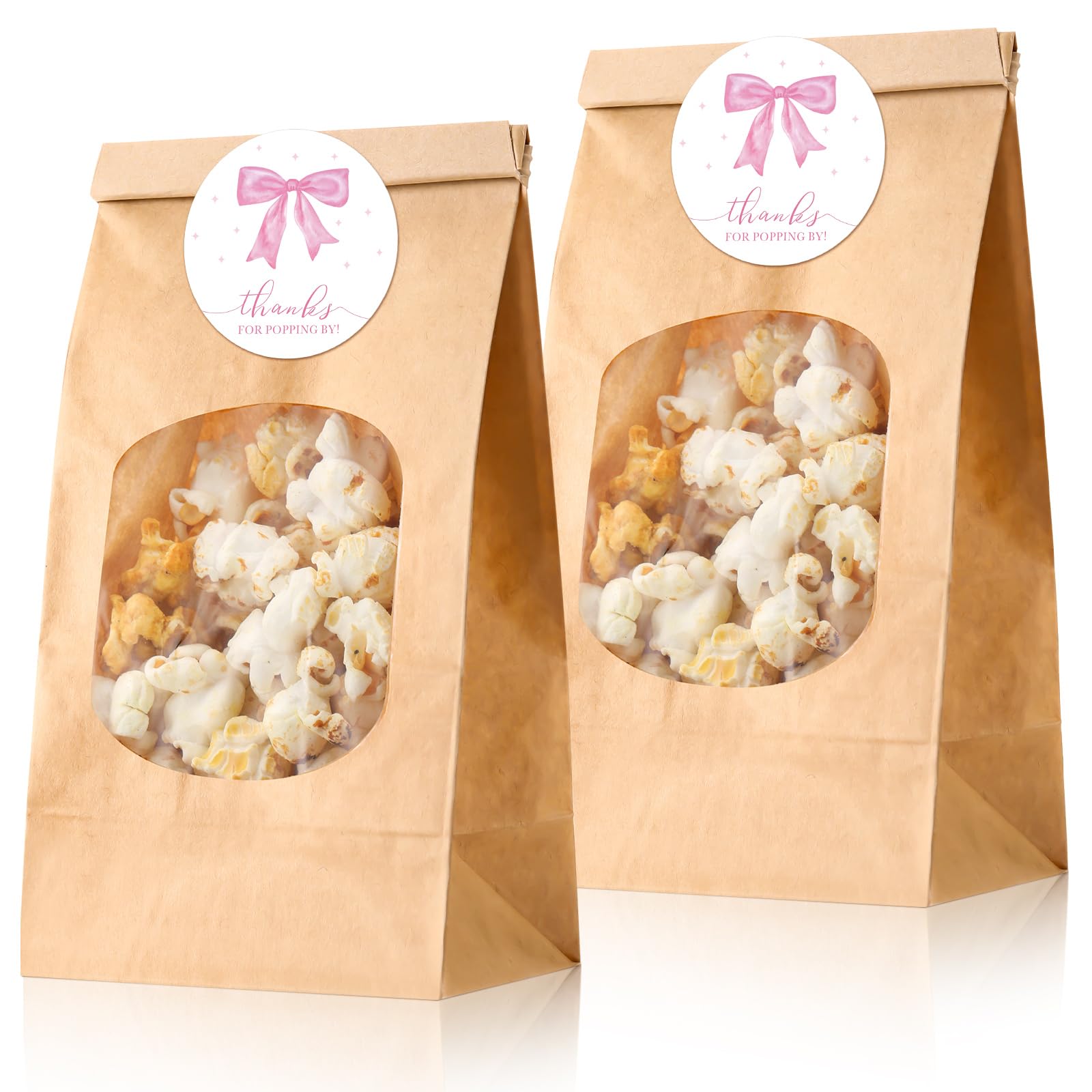 MotiMind 24 Sets Pink Bow Baby Shower Treat Bags with Window 3.54 x 2.36 x 6.7, Tin Tie Tab Lock Paper Bag for Packaging Bakery Candy Cookie with