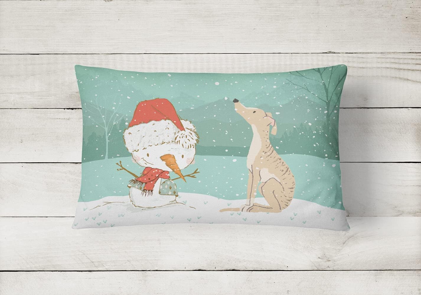 Caroline's Treasures CK2043PW1216 Brindle Greyhound Snowman Christmas Canvas Fabric Decorative Pillow Machine Washable, Indoor Outdoor Decorative Pillow for Couch, Bed or Patio, 12HX16W