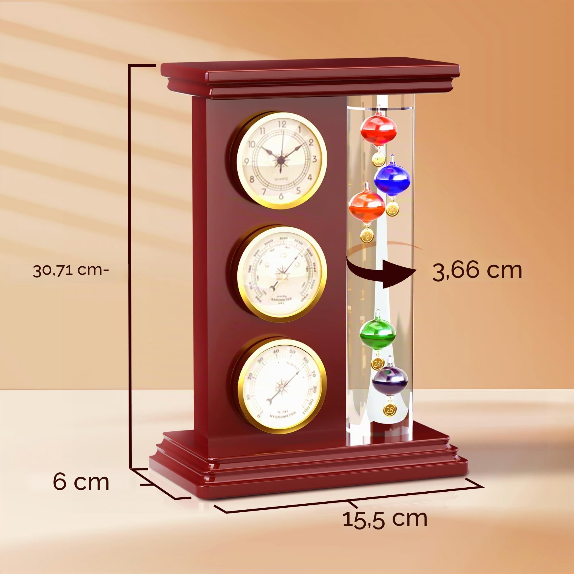 JJ Care Termometro Galileo con Orologio al Quarzo (Oro), Barometro Analogico e Igrometro, Stazione Meteorologica per Interni, Telaio in Vetro e Legno