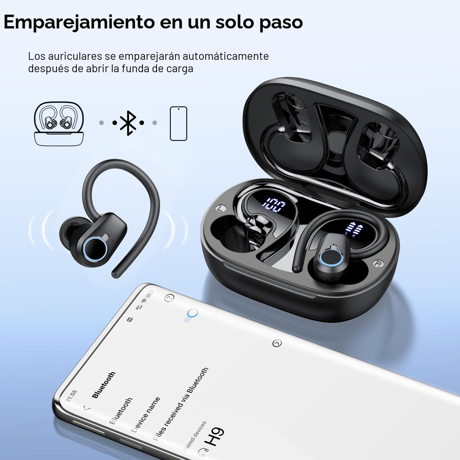 Auriculares Inalambricos Deportivos, Auriculares Bluetooth 5.3 con HD Mic HiFi Estéreo, 50H Cascos Inalambricos Bluetooth con Cancelacion Ruido ENC, Pantalla LED, IP7 Impermeable Cascos para Running