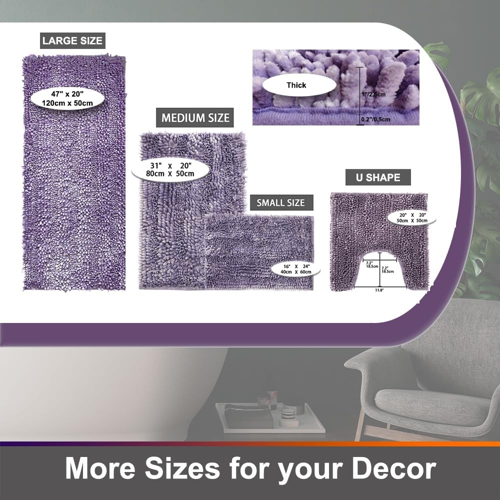 Civkor Bath Mats for Bathroom Purple, Bathroom Rugs Runner Long, Chenille Bath Mat Set 47x20 Plus 31x20 Inch Non Slip Backing Extra Soft Absorbent Thick Shaggy Floor Mats, Machine Washable